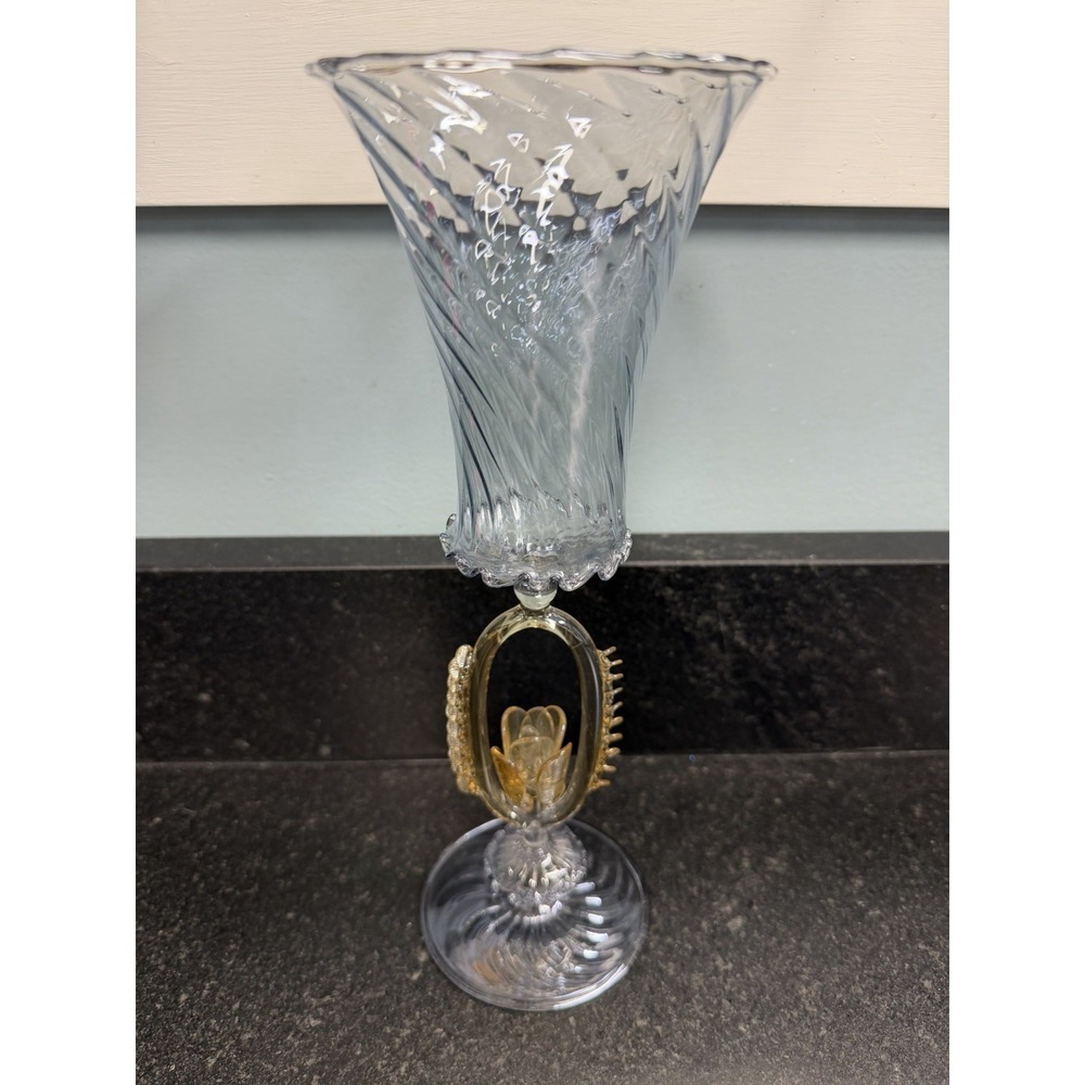 Soffieria Parisi Italy Hand Blown Art Glass Vase Goblet Amber Floral Stem 10"